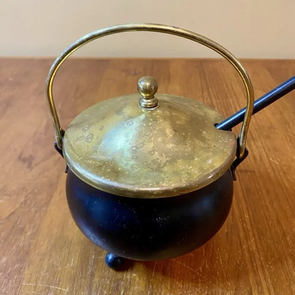 Vintage Cast Iron Fire Starter Smudge Pot With Brass Accents Lid And Pumice Wand